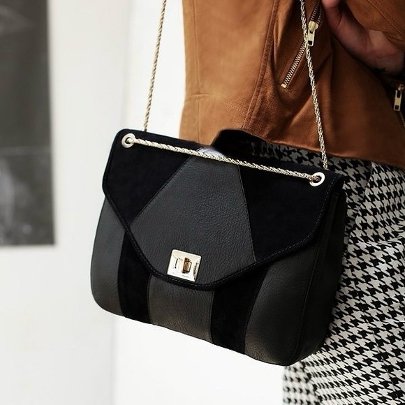 NWT SEZANE Sac Clark Bag Noir Black Leather Suede Gold Chain Purse Classic